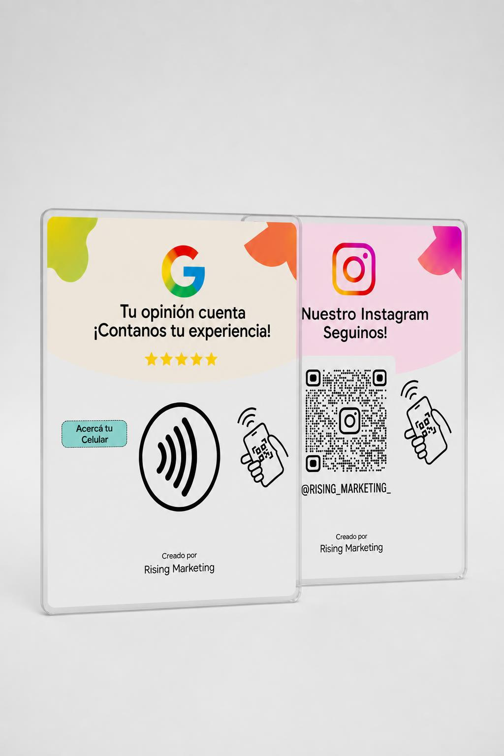 Carteles NFC de Google Reviews e Instagram — Rising Marketing